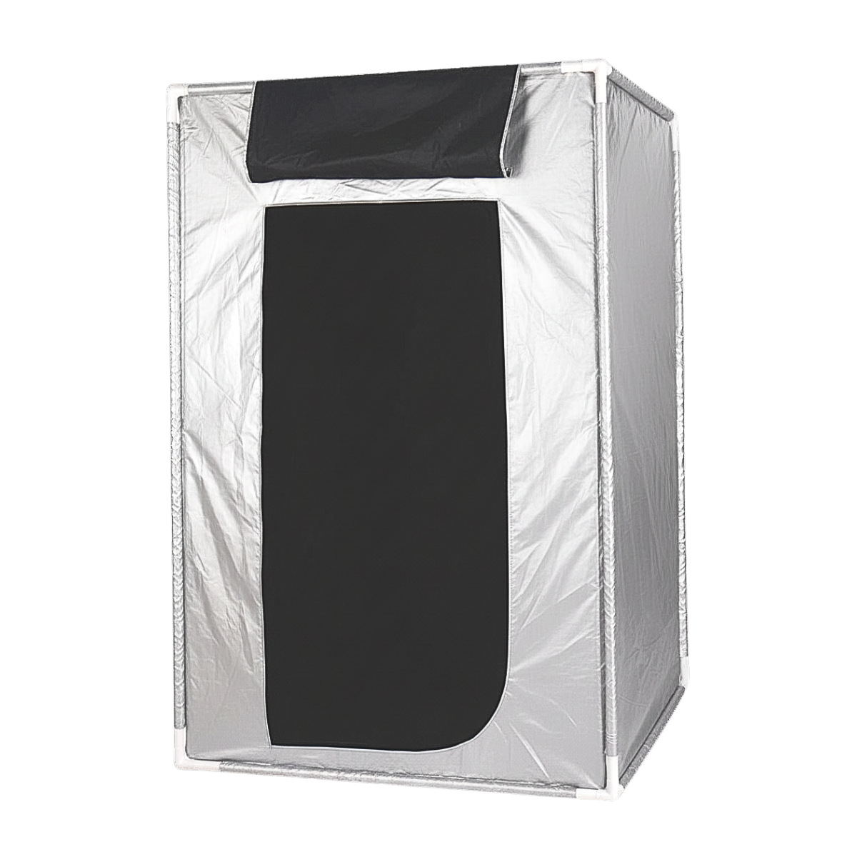 Tenda Pop‑Up Grande para Espaços Sensoriais Cabine para cultivo de plantas com estrutura branca e tela refletora cinzenta e preta