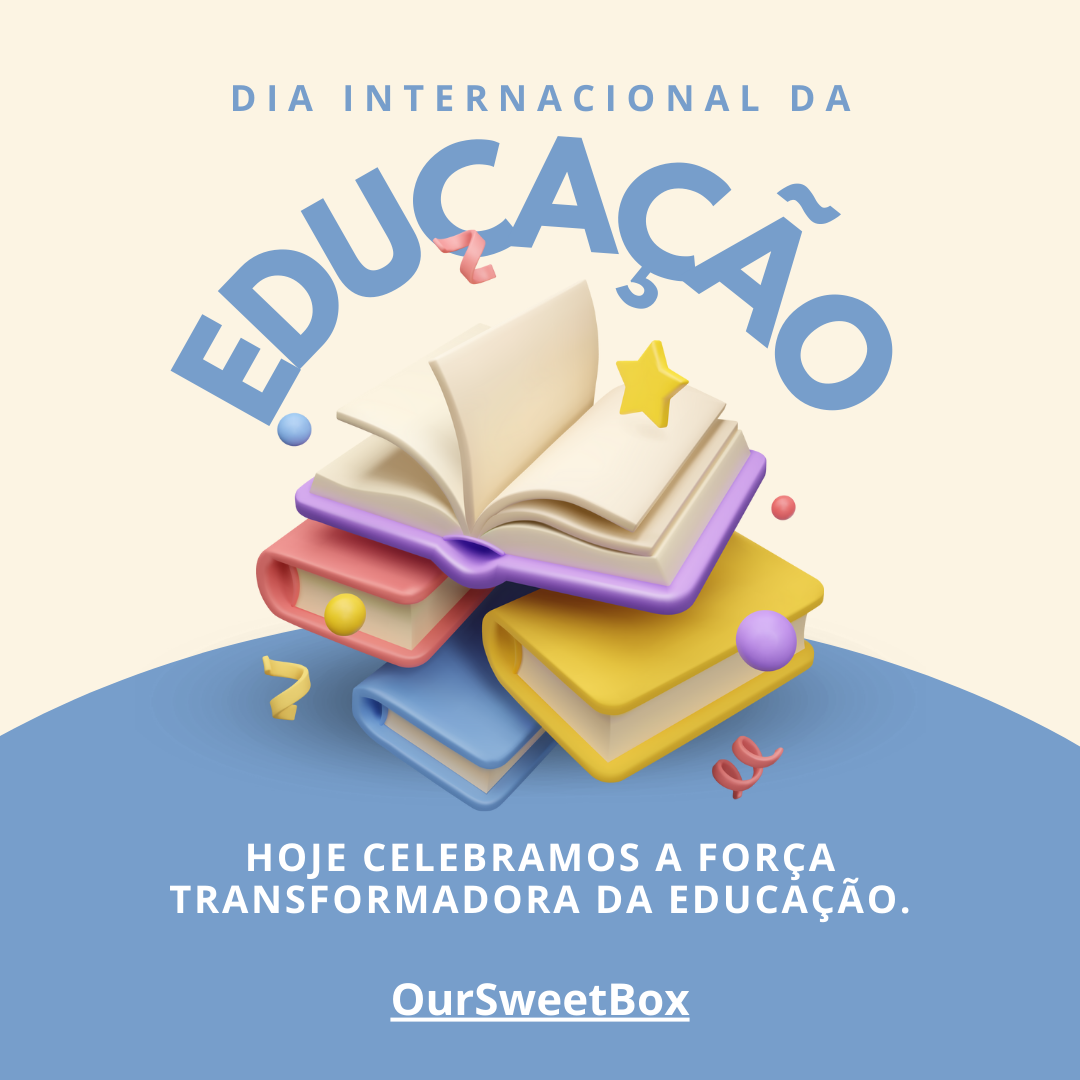 Livro aberto e livros empilhados coloridos com texto sobre educação