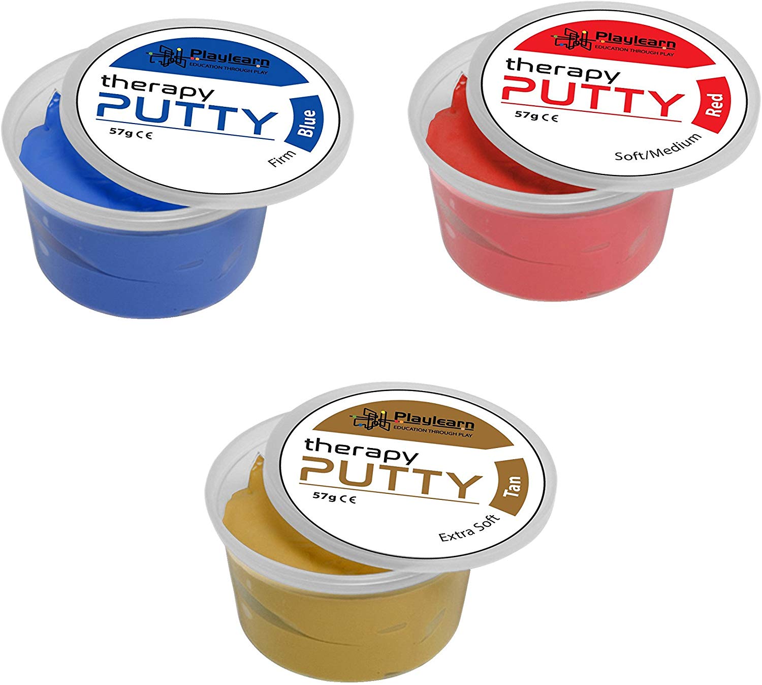 Therapy Putty – Conjunto de 3 Massas Terapêuticas Três potes de plasticina terapêutica Playlearn em azul, vermelho e bronze com etiquetas nas tampas.