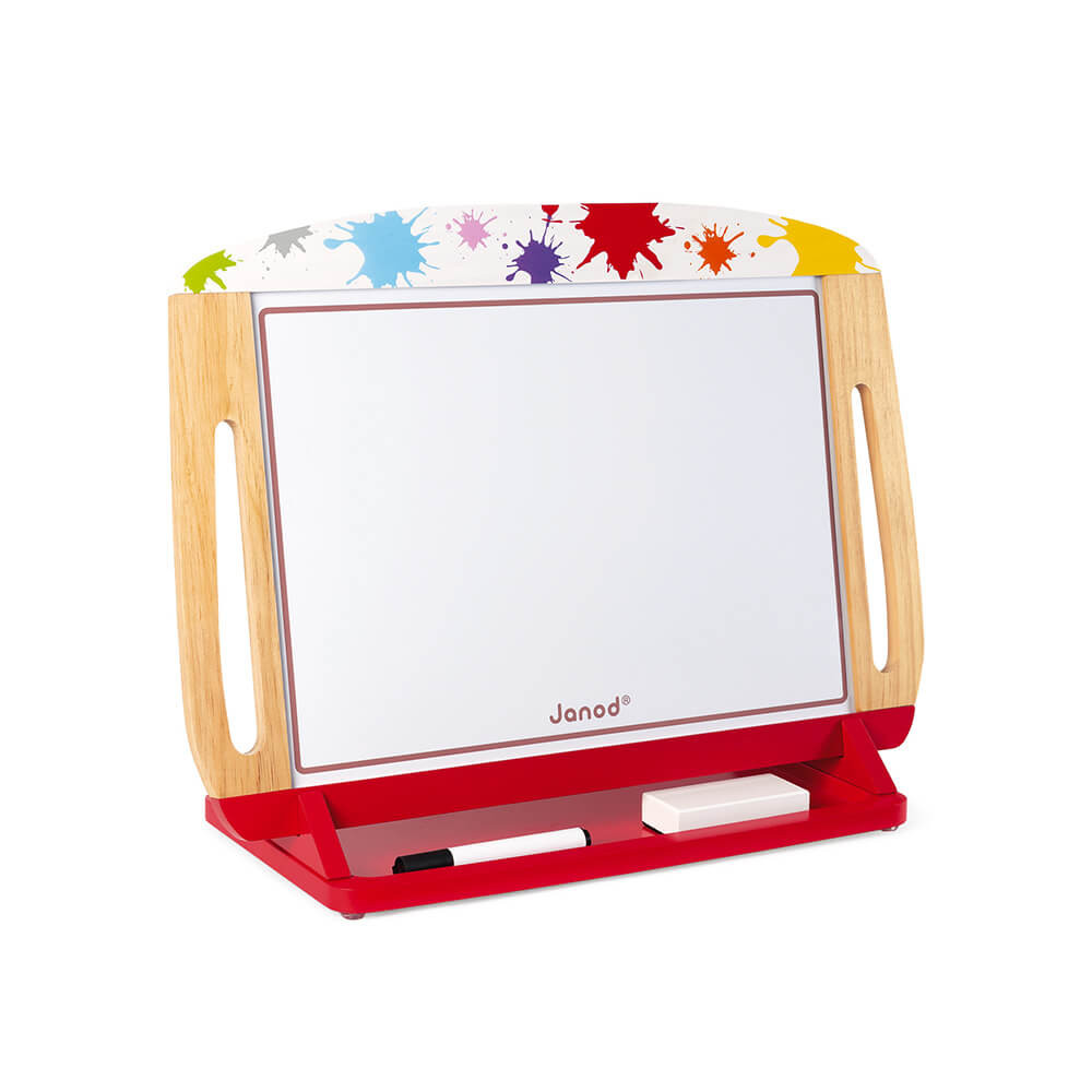 Quadro Mesa Magnetico/ardósia Splash Janod Quadro branco Janod com suporte vermelho e moldura de madeira clara com manchas coloridas