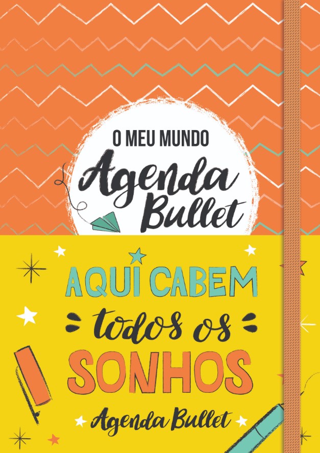 Agenda Bullet: O Meu Mundo Capa de agenda Bullet laranja e amarelo com texto e elástico laranja