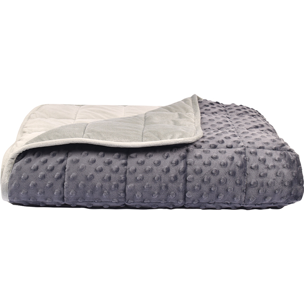 Manta Ponderada Sensorial 100 x 150 cm | 4 kg Cobertor cinza escuro com textura de bolinhas dobrado com um lado cinza claro