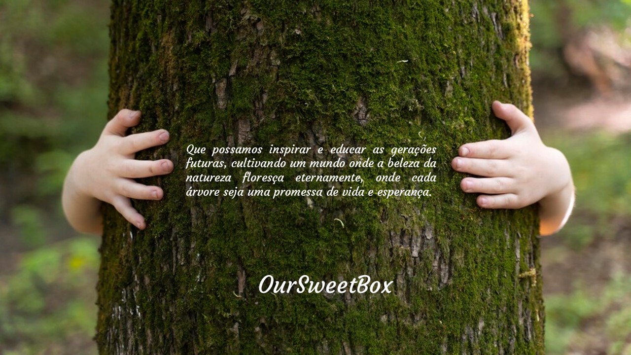 Tronco de árvore com musgo e mãos infantis abraçando, com texto branco impresso no tronco