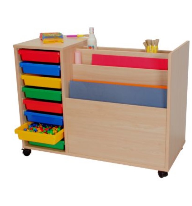 Carrinho Dupla Face para Cartolinas e Caixas de Arrumação Móvel de armazenamento infantil em madeira clara com gavetas coloridas