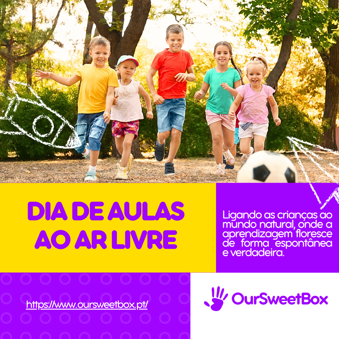 Crianças felizes a correr ao ar livre com balón de futebol e desenhos de foguetes em giz