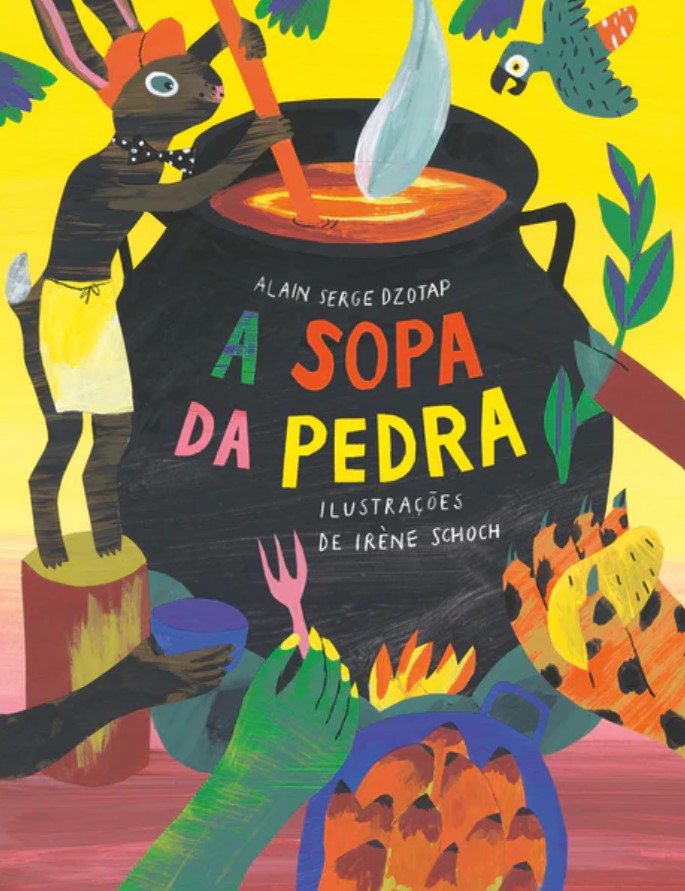 A Sopa da Pedra Capa colorida de livro infantil com coelho a mexer panela grande e título A Sopa da Pedra.