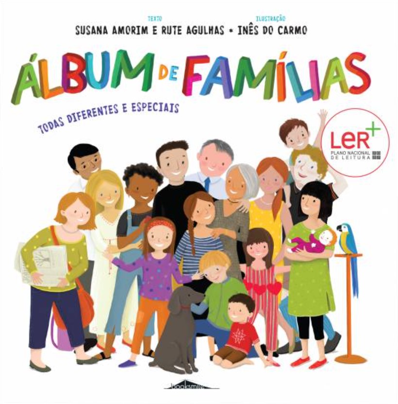 Álbum de Famílias Capa de livro Álbum de Famílias com ilustração de várias pessoas e um cão
