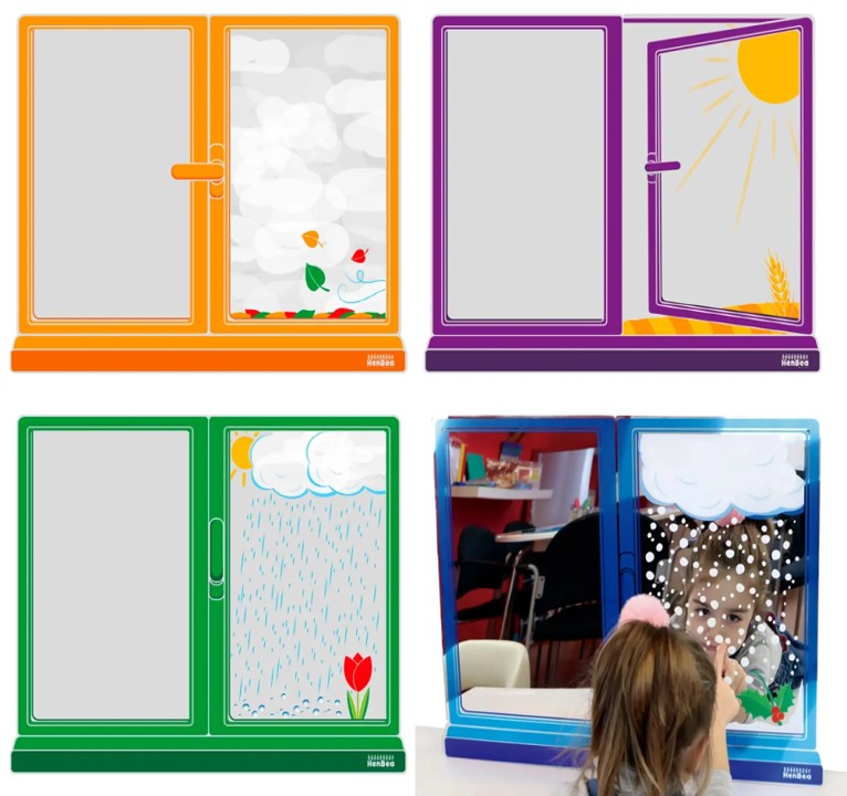 Espelhos Janelas: As 4 Estações Espelhos quadrados coloridos com desenhos de elementos climáticos e uma criança olhando para um espelho.