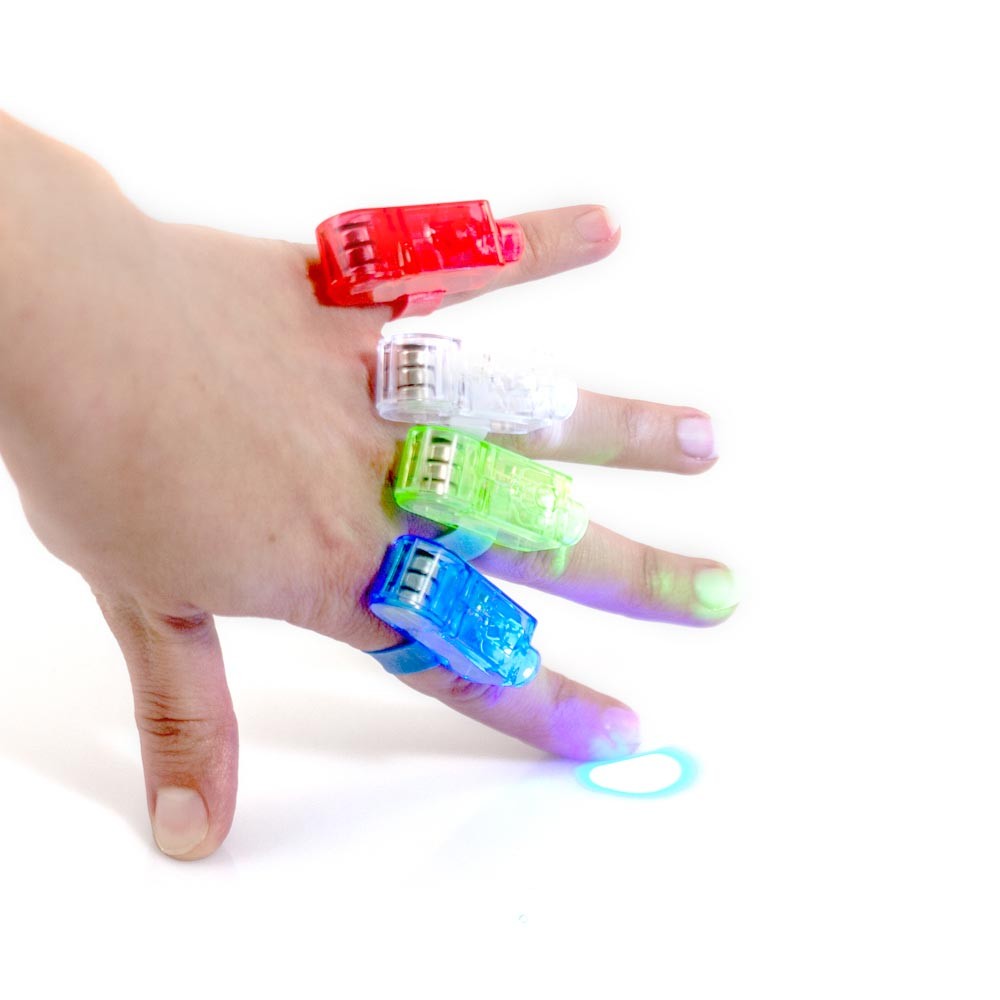 Pack de 12 Finger Lights - Lanternas de Dedo Sensoriais Luminosas Mão com anéis brilhantes coloridos em fundo branco