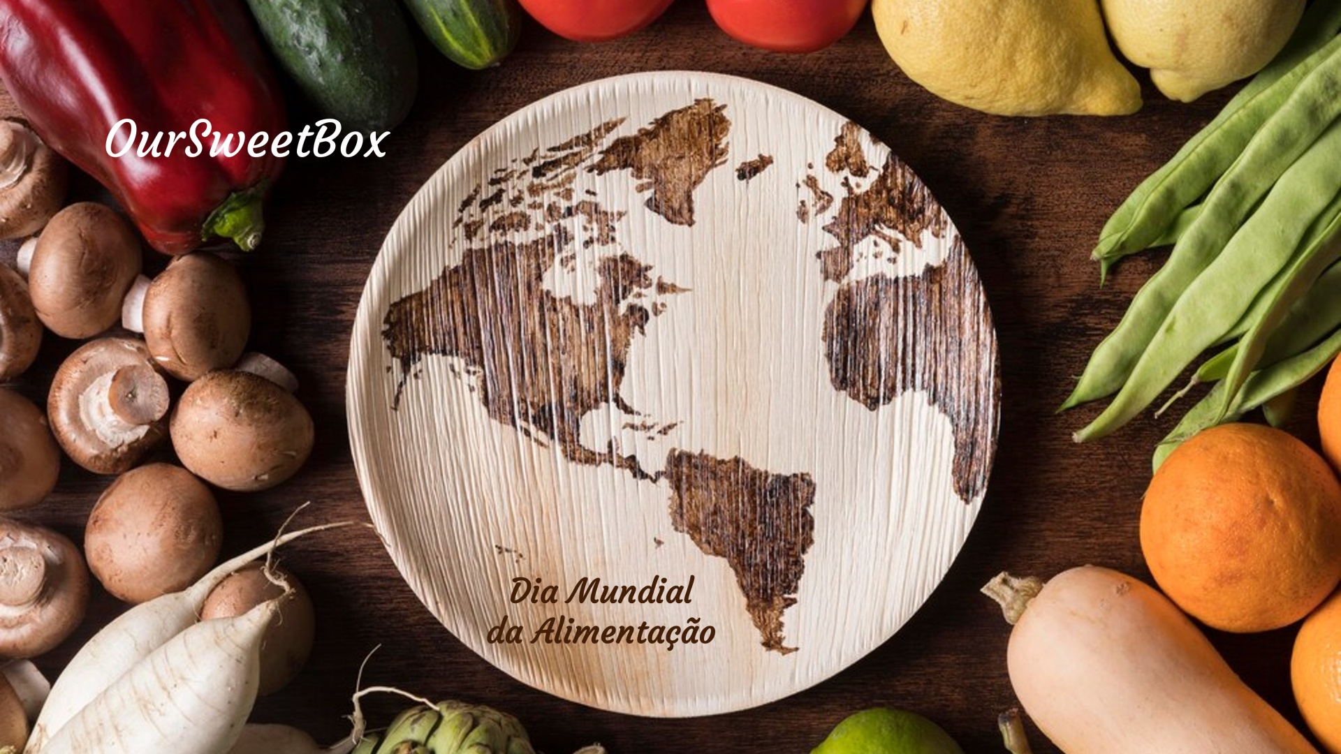 Prato em madeira com mapa mundi e texto, rodeado por vegetais frescos