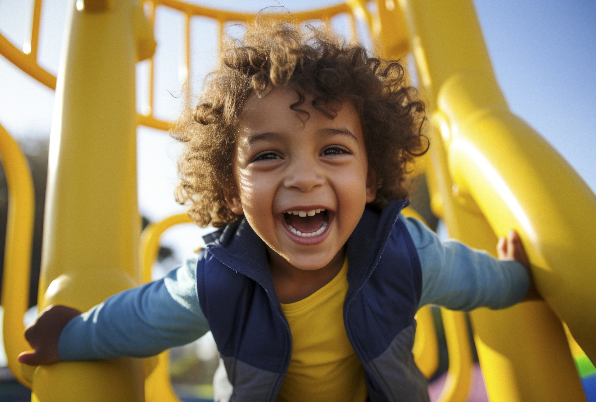 Criança sorridente a brincar num escorrega amarelo ao ar livre