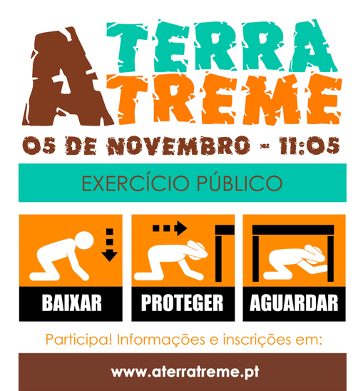 Cartaz informativo de exercício público de sismo com instruções para baixar, proteger e aguardar.