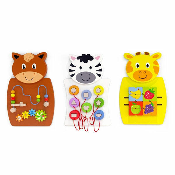 Painéis de Atividades em Madeira - Conjunto de 3 Brinquedos educativos de madeira em forma de cavalo, zebra e girafa com peças e figuras coloridas