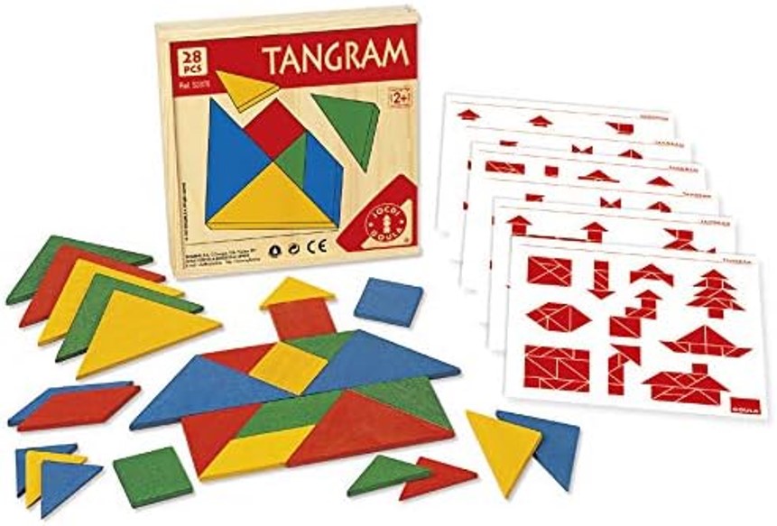 Tangram Jogo de tangram com peças coloridas e cartões de desafios com formas vermelhas