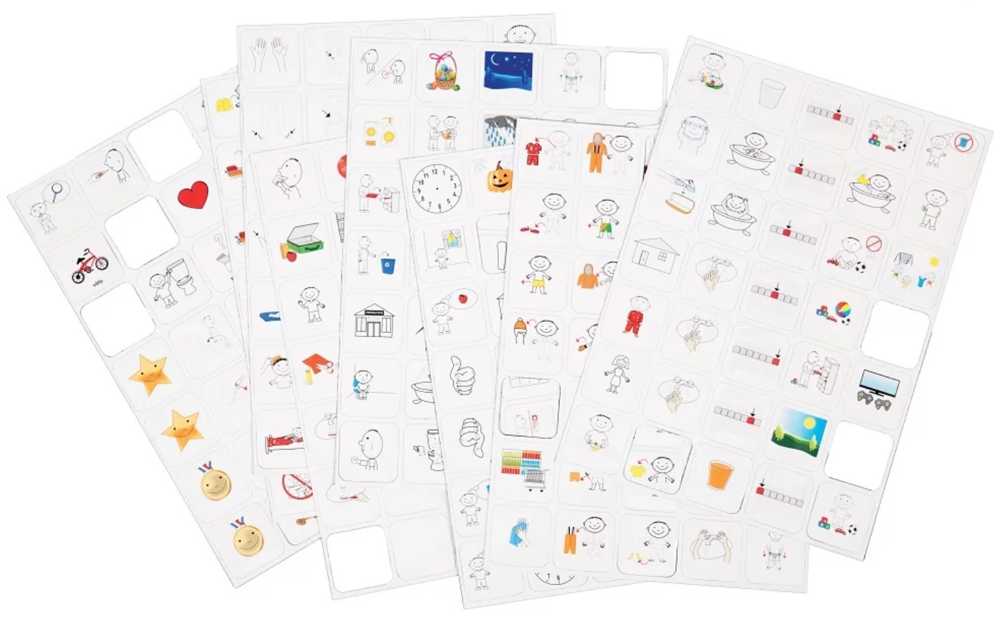 Folhas de papel com ilustrações pequenas coloridas e molduras recortadas