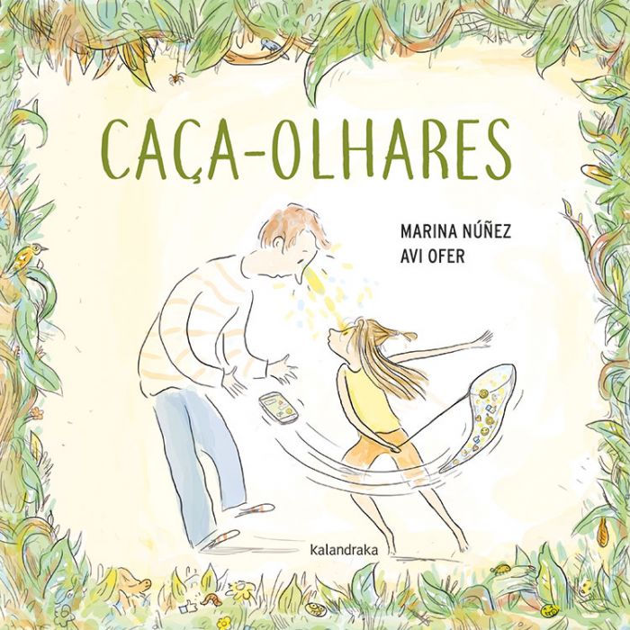 Caça-olhares (LER +) Capa de livro infantil com ilustração de adulto e criança com cauda de peixe e textos da obra.