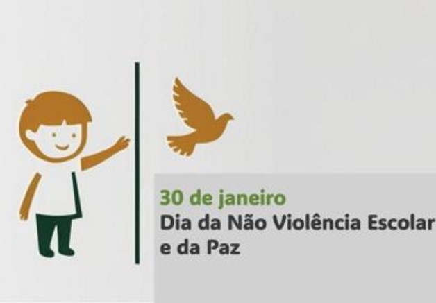 Ilustração de criança e pássaro com texto sobre o Dia da Não Violência Escolar e da Paz