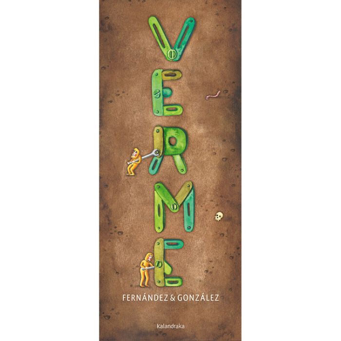 Verme Texto VERME com blocos verdes em fundo castanho e figuras humanas interagindo