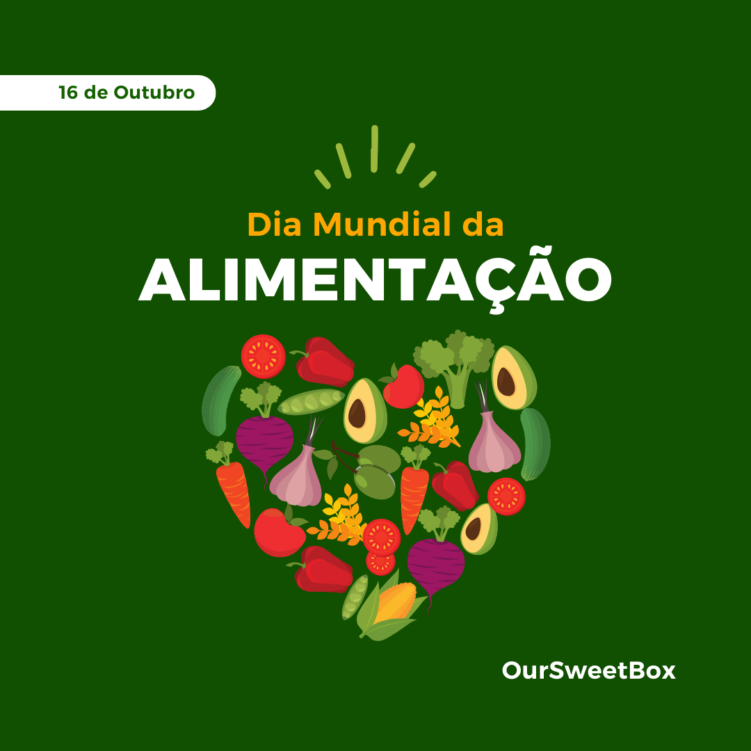 Ilustração em forma de coração feita com legumes e frutas coloridas em fundo verde, com texto promocional sobre Dia Mundial da Alimentação.