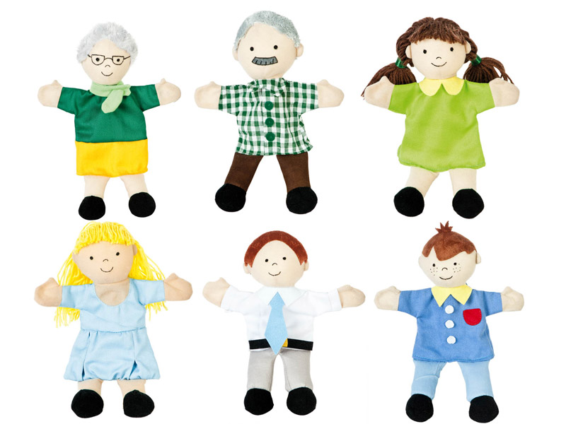 Fantoches A Família Seis bonecos de pelúcia coloridos representando pessoas diferentes