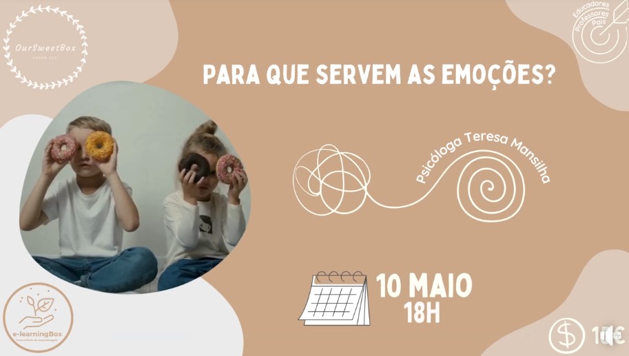 Webinar: "Para que servem as Emoções?" Cartaz com crianças segurando donuts e texto sobre emoções, data e preço