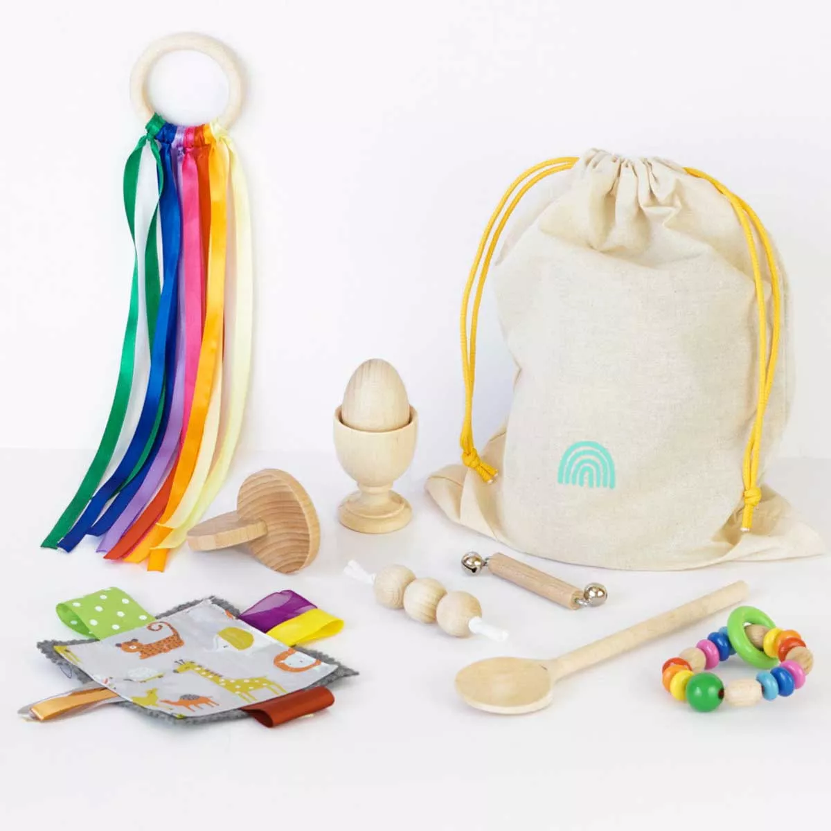 Baby SweetBags Conjunto de brinquedos de madeira e tecido com saco de pano e fitas coloridas