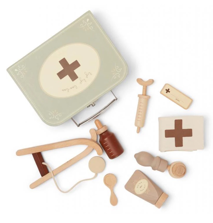 Maleta de Médico Conjunto de brinquedos médicos em madeira com mala verde e acessórios castanhos e bege