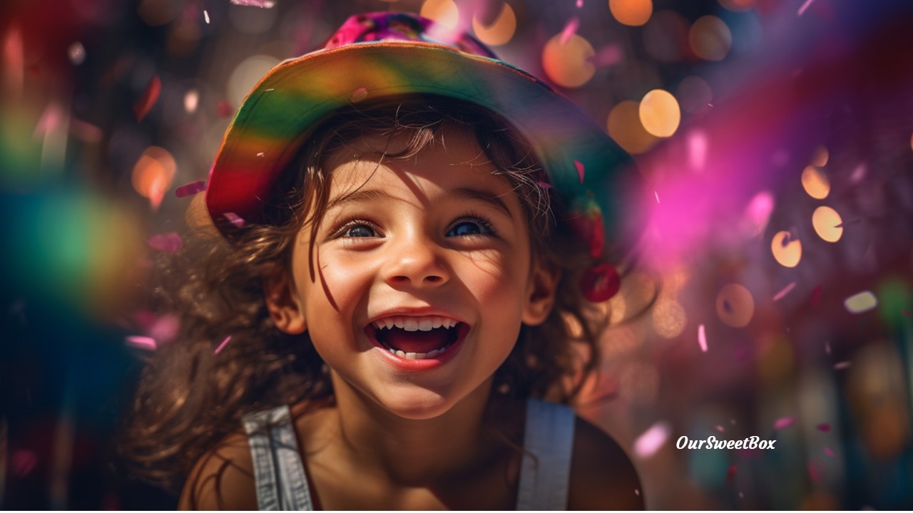 Criança sorridente com chapéu colorido e fundo com luzes desfocadas
