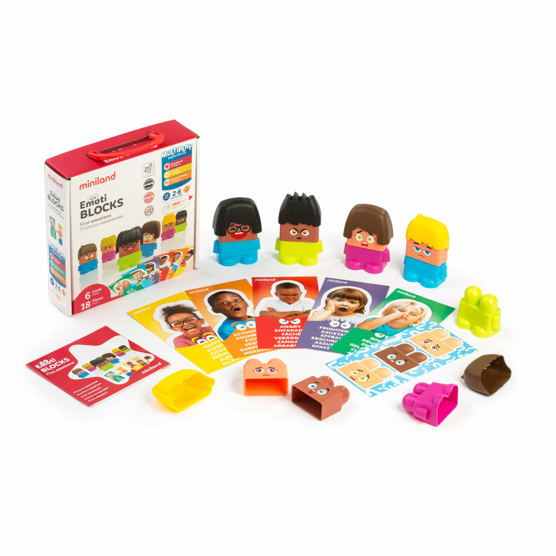 EmotiBlocks - Blocos de Emoções Jogo educativo Miniland Emoji Blocks com peças de plástico coloridas e cartões com imagens de rostos.