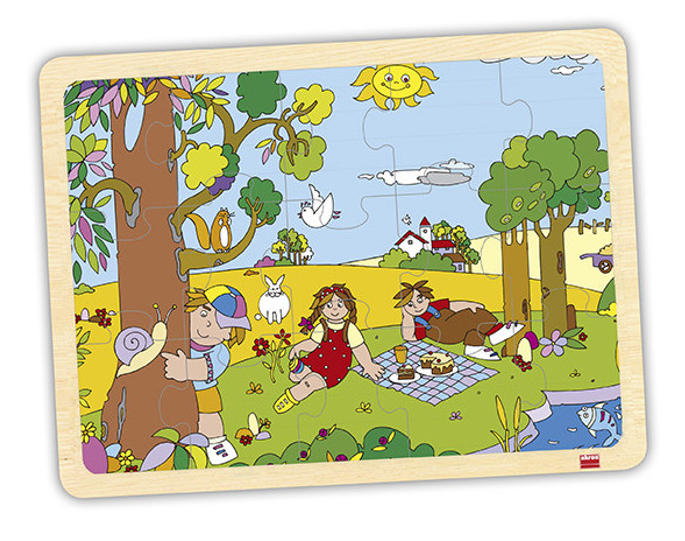 Conjunto Puzzles Quatro Estações Quebra-cabeça infantil de madeira com cena campestre colorida e crianças a brincar