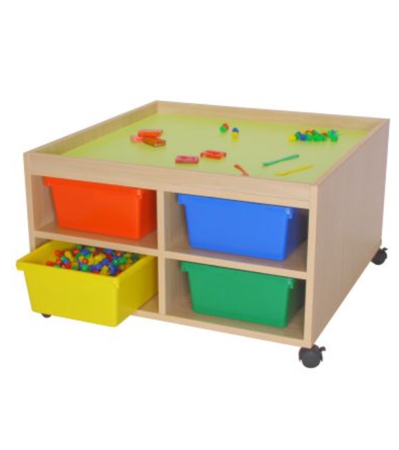 Mesa de Jogos e Atividades Móvel infantil de armazenamento em madeira clara com gavetas coloridas e tampo verde