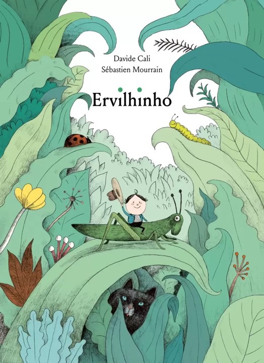 Ervilhinho Capa de livro infantil com criança numa gafanhoto e plantas tropicais