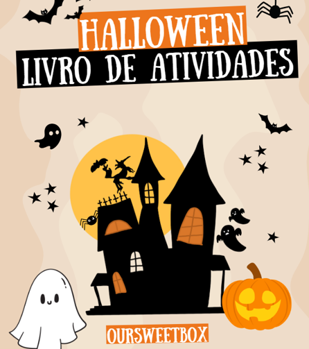 Halloween - Livro de Atividades Capa de livro de atividades Halloween com casa assombrada, abóbora, fantasma e morcegos