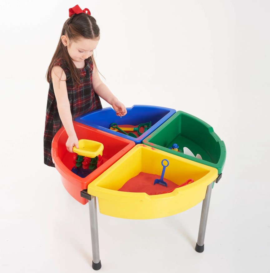 Tabuleiro de Exploração Circular Mesa de brincar colorida para crianças com quatro compartimentos e brinquedos