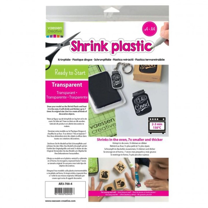 Shrink Plastic (Plástico Mágico) - A4 Embalagem de Shrink Plastic da Vaessen Creative com texto informativo e cores branco, rosa e verde