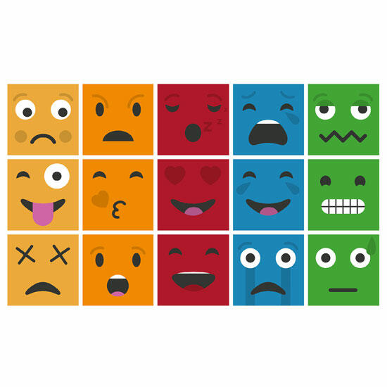 Tapete de Jogo “Emoções” Quadro de cinco colunas por três linhas de emojis coloridos com várias expressões faciais.