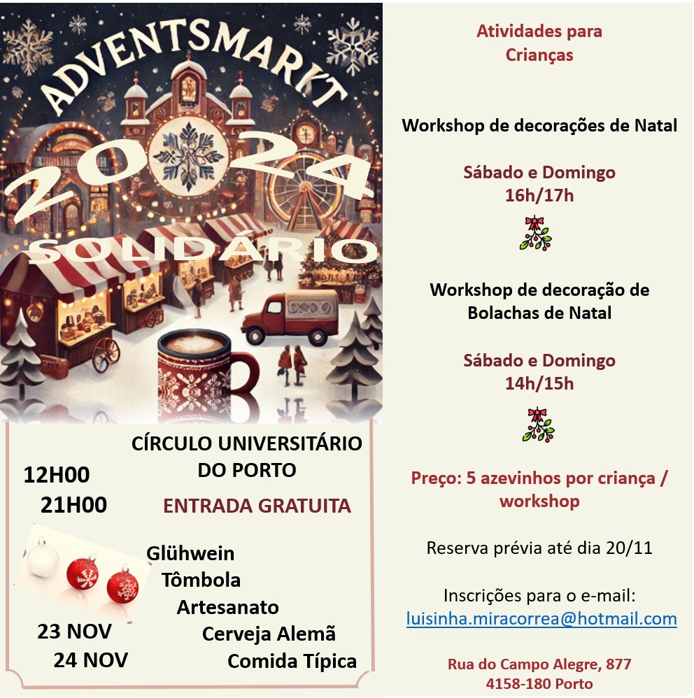 Cartaz do evento Adventsmarkt Solidário 2024 com informações sobre datas, horários, local, atividades e contato.