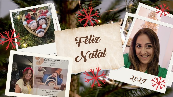 Montagem de fotografias polaroid com elementos de Natal e a frase Feliz Natal.