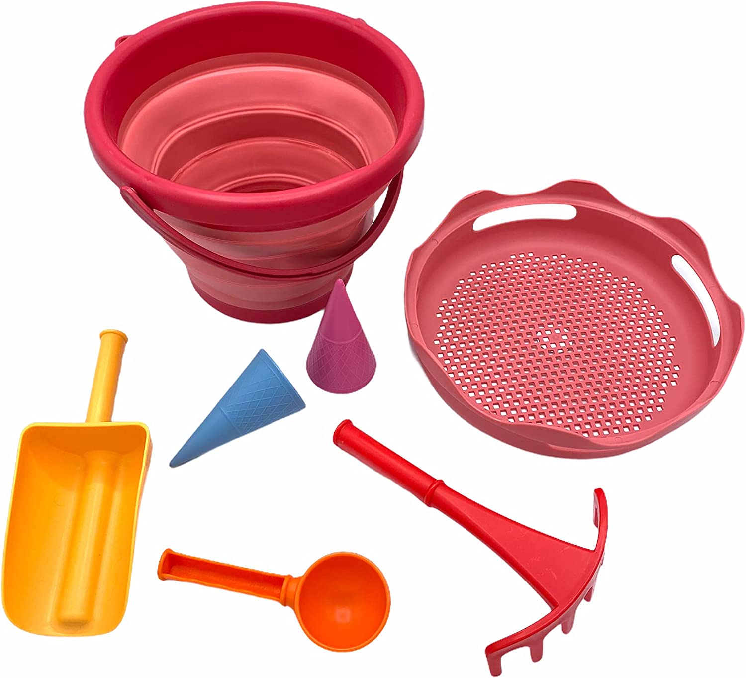 7 em 1 Conjunto de balde dobrável Conjunto de brinquedos de praia coloridos em plástico incluindo balde dobrável, peneira, ancinho, pá e moldes cónicos.