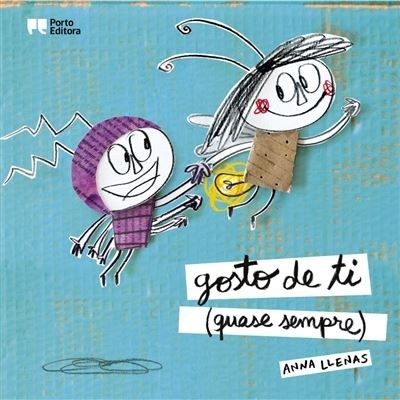 Capa de livro azul com duas personagens infantis desenhadas e texto manuscrito.