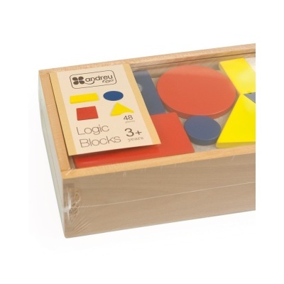 Caixa de blocos lógicos em madeira e plástico coloridos