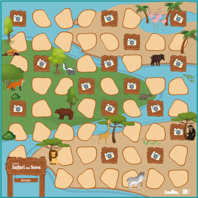Tabuleiro de jogo de safari com animais selvagens e pedras como espaços de movimento.