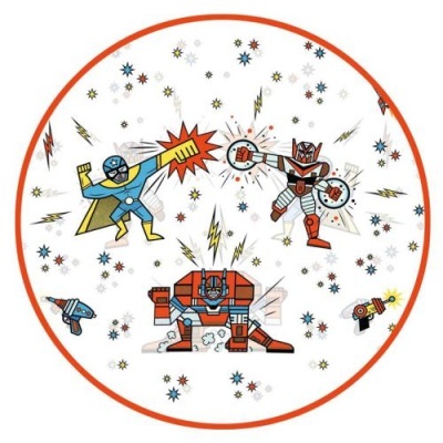 Imagem de personagens robôs coloridos em fundo branco com estrelas e raios