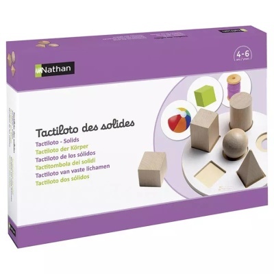 Caixa de jogo educativo 'Tactiloto des solides' com formas sólidas de madeira coloridas