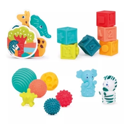 Conjunto de brinquedos coloridos para bebés com animais, bolas e blocos numéricos