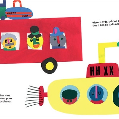 Ilustração colorida de comboio e barco com personagens e texto em português