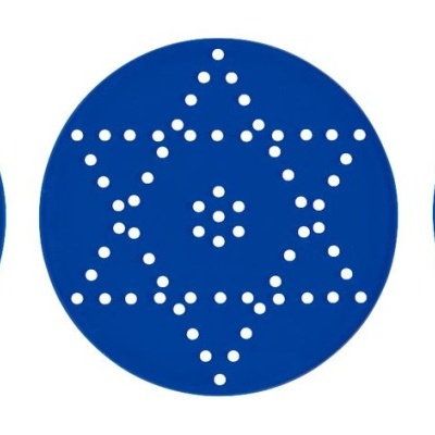 Três círculos azuis com padrões de pontos brancos em formas de estrelas e dispersos.