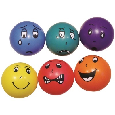 Seis bolas anti-stress coloridas com diferentes expressões faciais