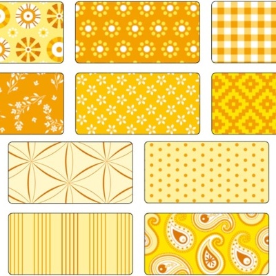 Dez padrões retangulares variados em tons de amarelo, laranja e branco com diferentes texturas e estampas.