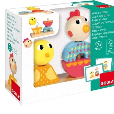 Brinquedo de empilhar e enroscar 'Apila y enrosca' da marca GOULA com figuras de pintainho e galinha